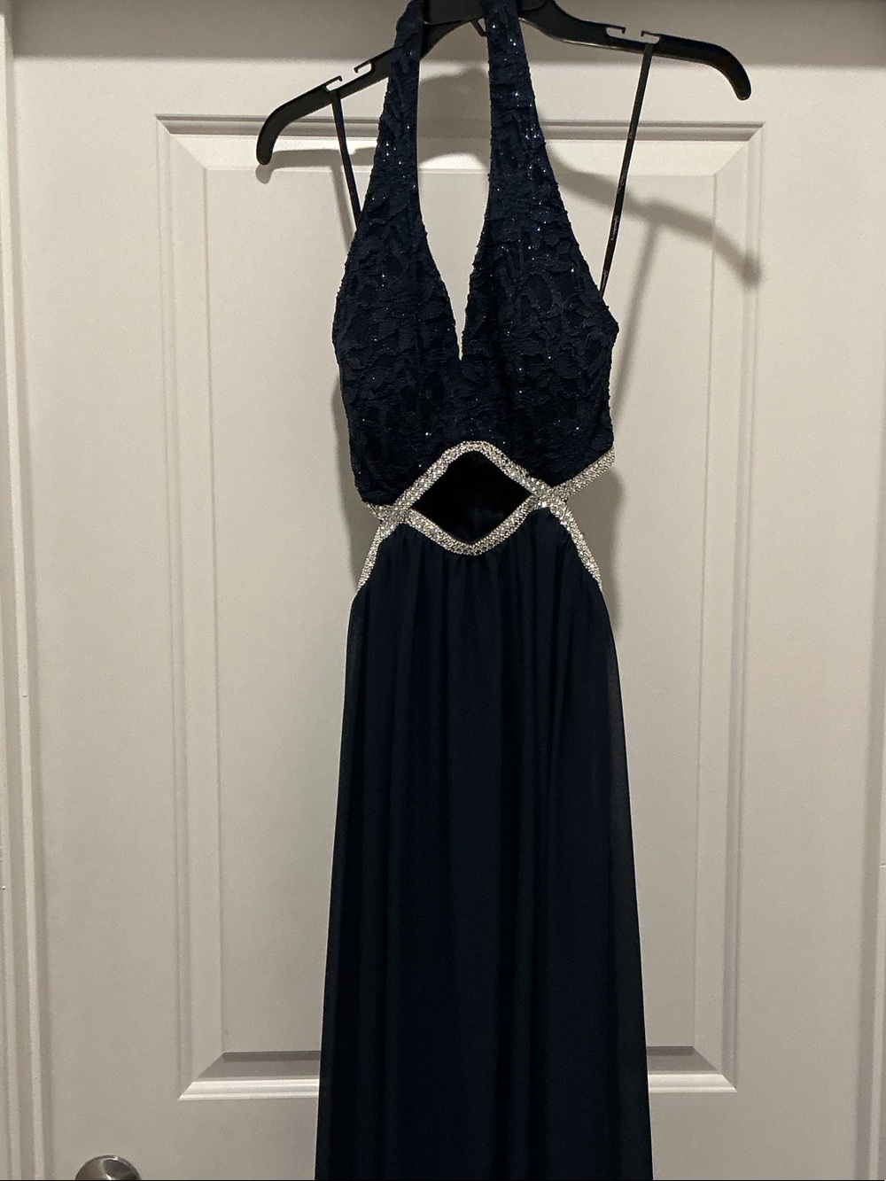 Speechless Navy Halter Prom Dress with Beaded Cutout